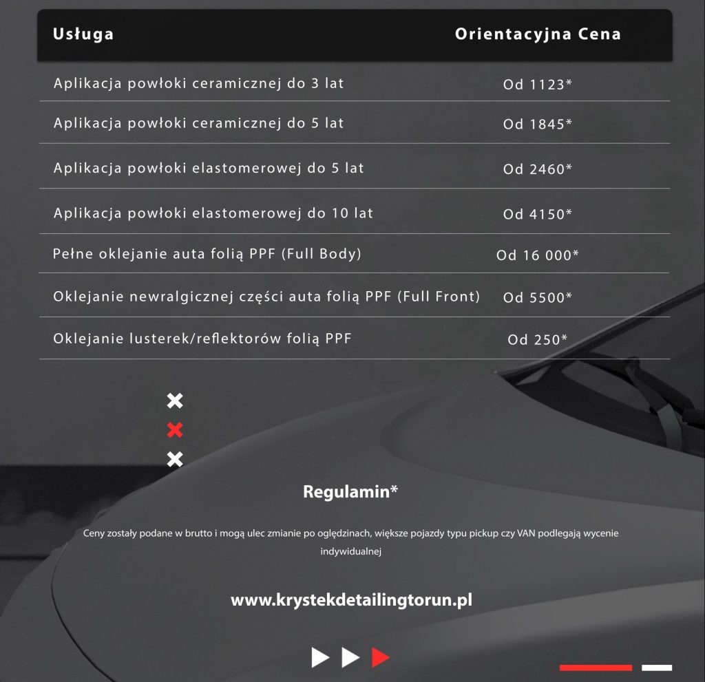 Powłoka ceramiczna, folia ppf, zabezpieczenie lakieru cennik toruń
