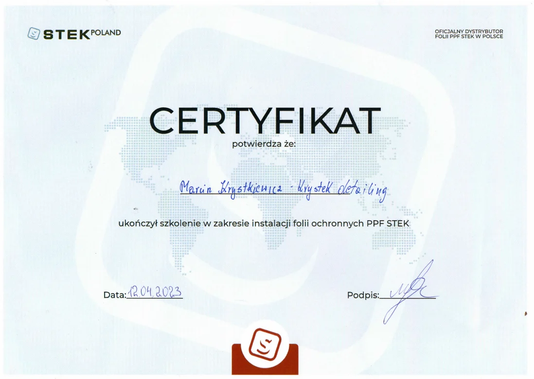 krystek detailing - certyfikat